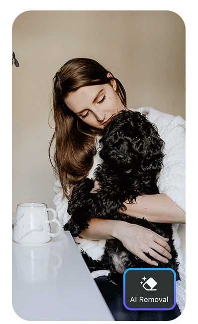 a woman holding a dog image with object removal process